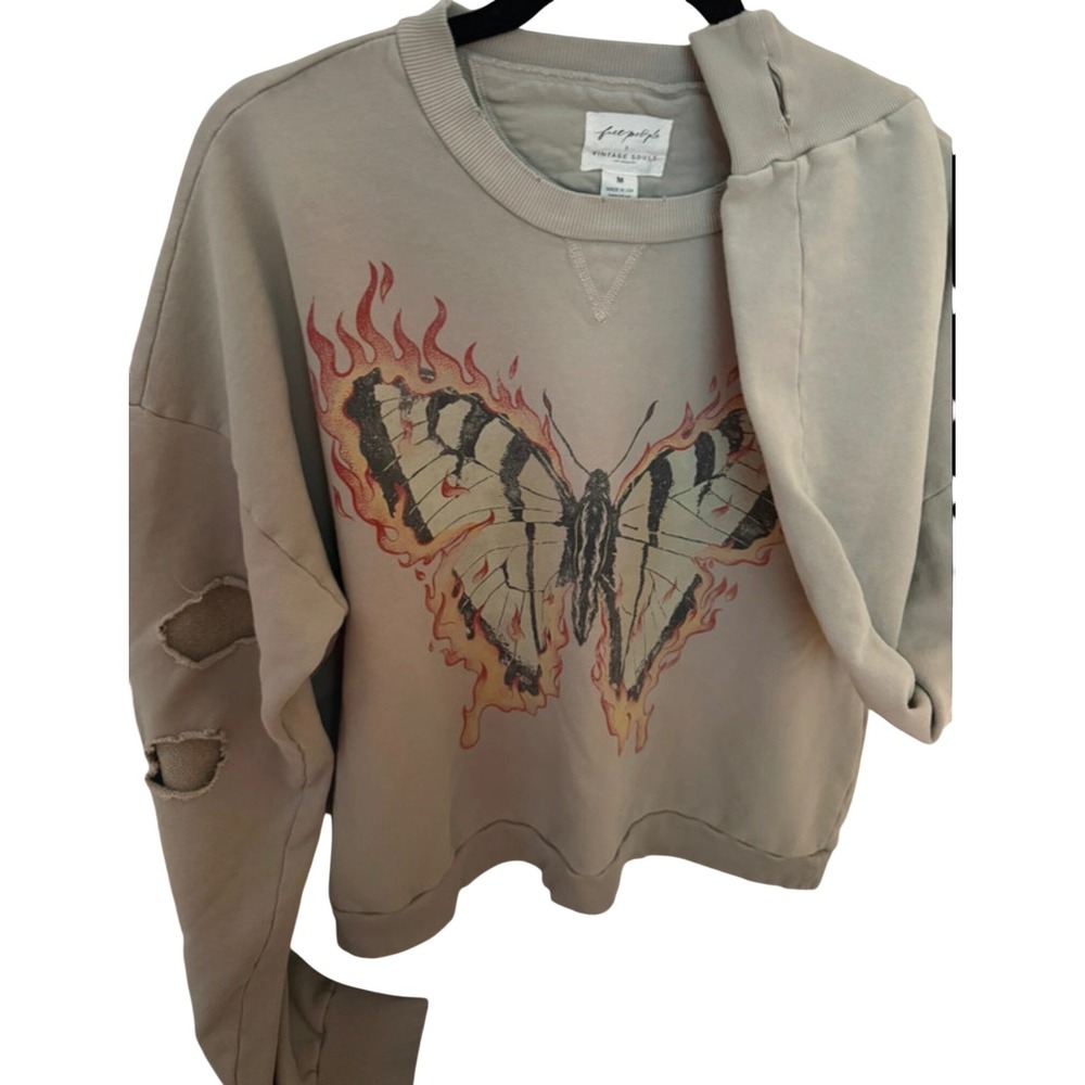 Free People x Vintage Souls Firebutterfly Pullover Sweatshirt Green Distressed - Picture 6 of 6